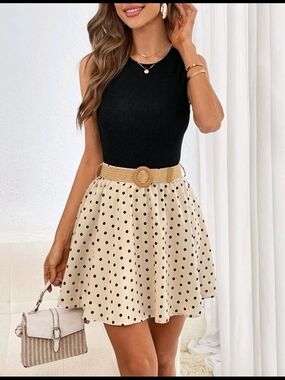 SHEIN Black & Cream Polka Dot Belted Dress